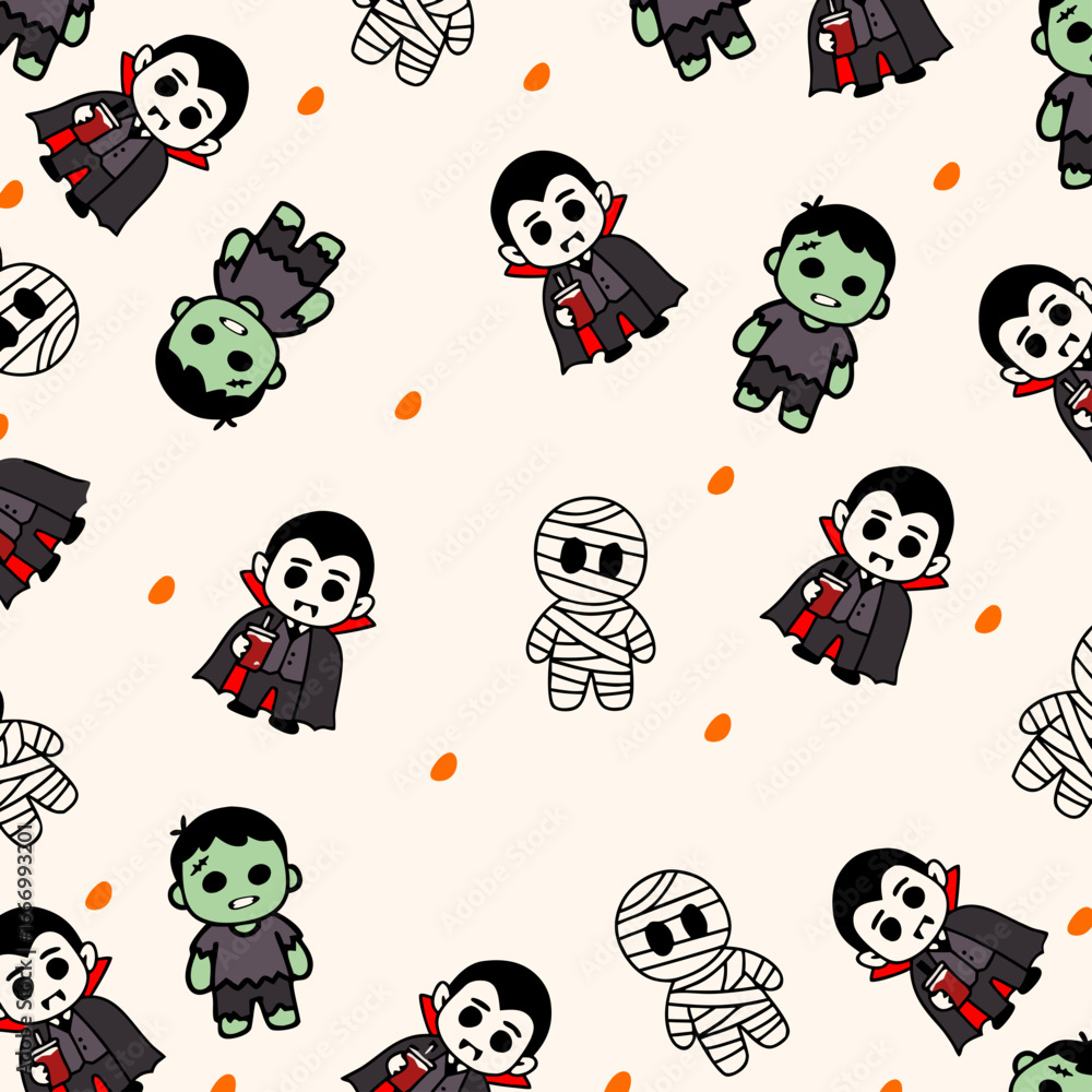 Obraz premium Cute Halloween Seamless Pattern with Cartoon Dracula, Mummy, and Frankenstein