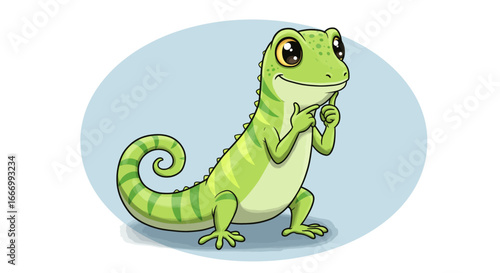 Adorable green gecko lizard with big eyes and a curious expression stands upright on its hind legs with its front paws near its chin looking charming and friendly in a light blue oval background