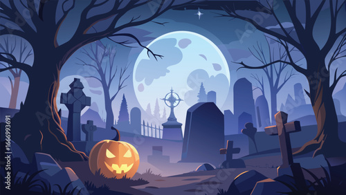 Spooky fog filled graveyard scene under a massive ominous moon with eerie silhouettes and gravestones