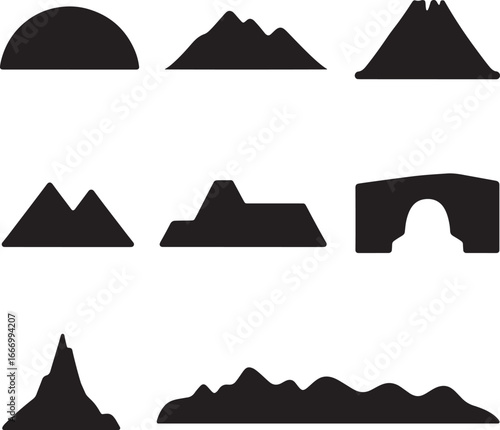 Collection of diverse mountain silhouettes against a white background