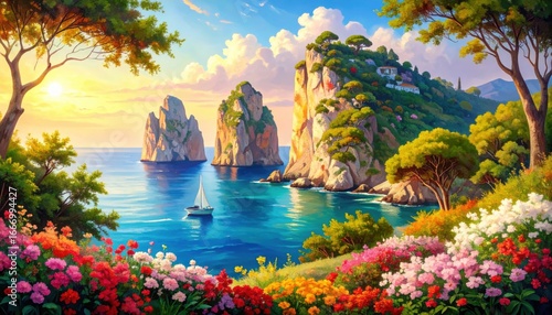 Fototapeta Naklejka Na Ścianę i Meble -  Sailing boat by rock formations and blooming flowers at sunset evoking Mediterranean dreamscape, Italian coastline or luxury escape concepts