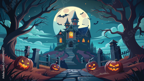 Spooky halloween scene unfolds with a grand and eerie atmosphere featuring classic halloween elements