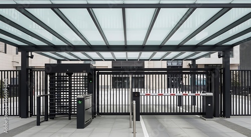 Modern security gate entrance with automatic access control system.