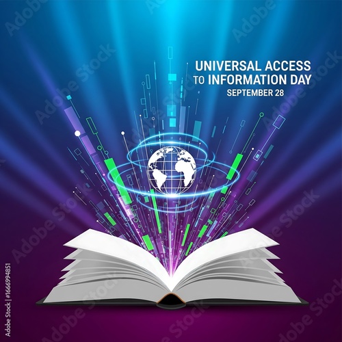 Open book emitting digital light and globe for information day