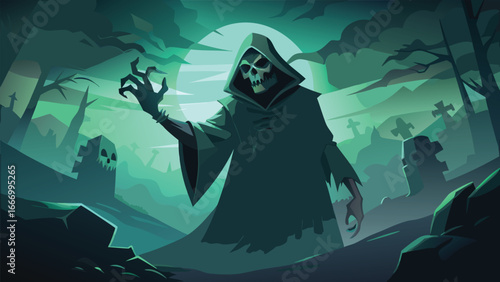 A menacing grim reaper figure with a flowing cloak depicted in a stark and dramatic vector illustration style
