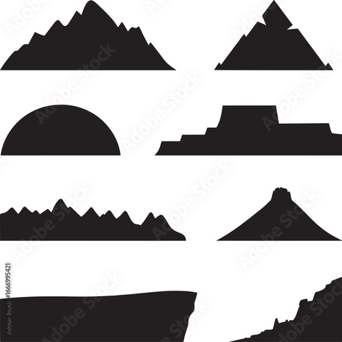 Collection of diverse mountain silhouettes against a stark white background