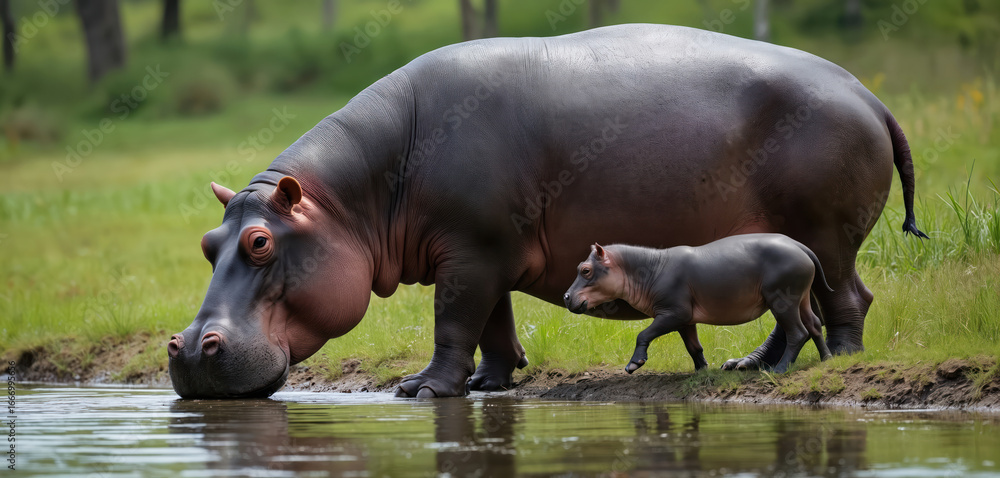 Fototapeta premium Mother hippopotamus, calf drink water by riverbank under sun. Young hippo walks closely beside parent, peaceful family scene in natural African habitat. Wildlife encounter highlights beauty of
