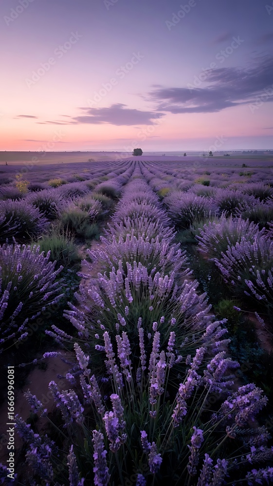 Fototapeta premium Dreamy Lavender Fields under Pastel Pink and Purple Sky, Vibrant Colors, Cinematic Depth, Scenic Floral Nature Landscape Wallpaper