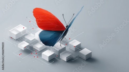 A vibrant butterfly with red and blue wings rests on abstract geometric shapes, symbolizing creativity and transformation.
