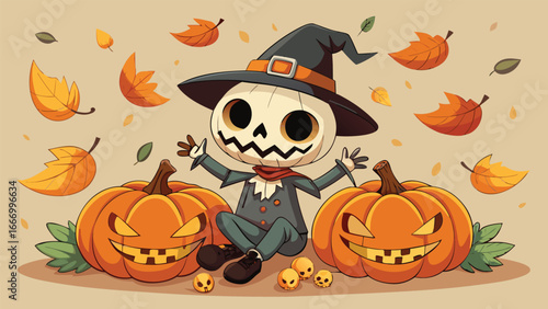 Adorable cartoon skeleton sitting happily on top of two grinning pumpkins perfect for halloween celebrations and decorations