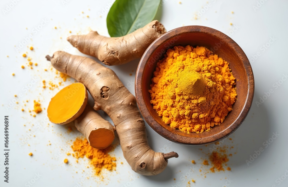 Fototapeta premium Vibrant turmeric root, powder in wooden bowl. Natural spice offers potential health benefits like immunity support, anti-inflammatory properties. Used in cooking for flavor, color, wellness.