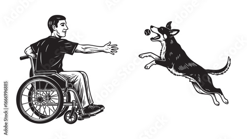 Man in wheelchair playing fetch with happy dog, celebrating friendship and joy