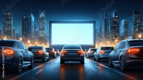 A vibrant night scene of cars parked in a row, facing a large movie screen in an urban setting, showcasing a lively atmosphere.