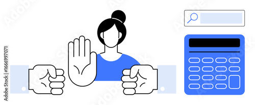 Woman uses stop hand gesture to defuse conflict between two fists, alongside a search bar and calculator. Ideal for themes of conflict resolution, finance planning, boundaries, negotiation