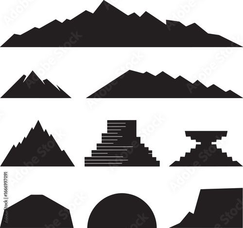 Collection of black silhouette mountain peaks and ancient structures on white background