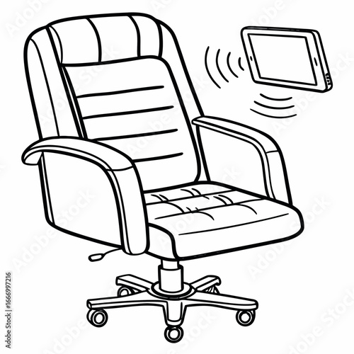 Vector art of modern office chair with a tablet device displaying wireless signals, symbolizing connectivity and remote work