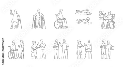 Line art illustrations of people with disabilities participating in various activities, showcasing inclusivity and diverse abilities.