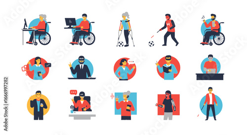 A diverse collection of illustrated people, including those with disabilities, engaged in various activities.
