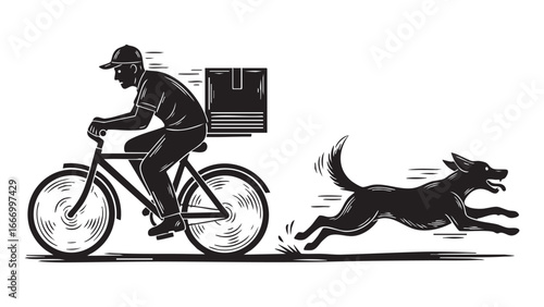 Delivery person on bicycle with box and excited dog, fast service concept