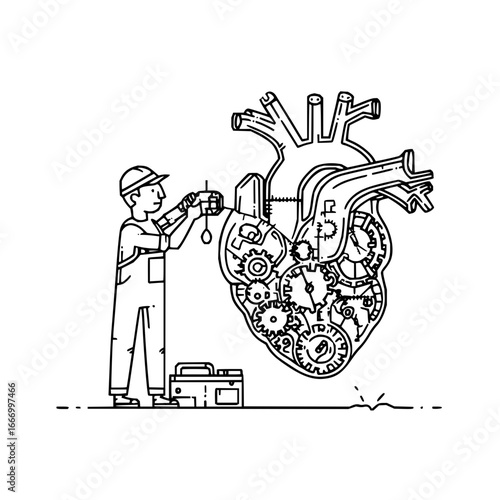 Heart repair illustration showing mechanical heart with gears and a repairman fixing the heart