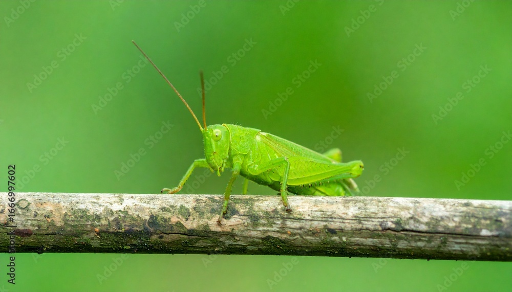 Fototapeta premium Vibrant green grasshopper perched on a slender branch in its natural habitat, showcasing intricate details of this common insect against a soft, blurred green background