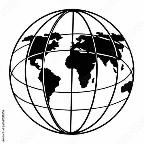 Vector art of stylized black and white illustration of a globe showing continents and oceans, isolated on a