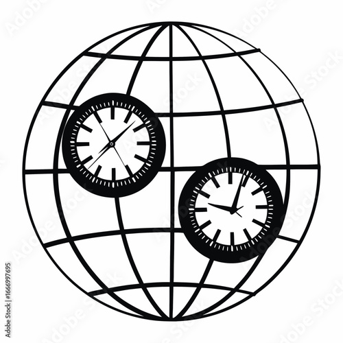 Illustration of a globe with two clocks showing different times, symbolizing global time zones and international business