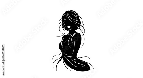 Silhouette of a woman with flowing hair, elegant pose, and a dress.
