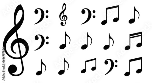 Collection of various black musical notes and clef symbols arranged in rows on a white background.