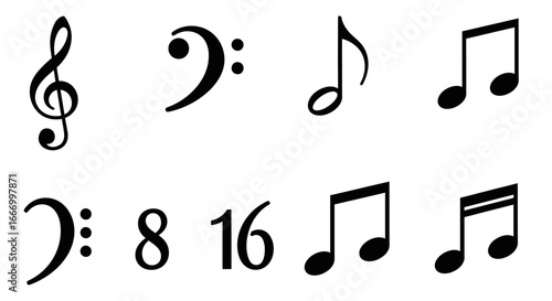 Musical notation symbols: treble clef, time signature, eighth and sixteenth notes.