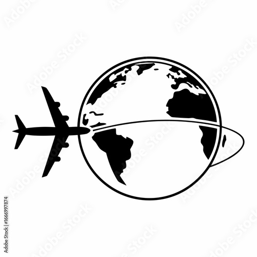 Vector art of silhouette of an airplane flying around the globe, symbolizing international travel and global exploration, isolated on a