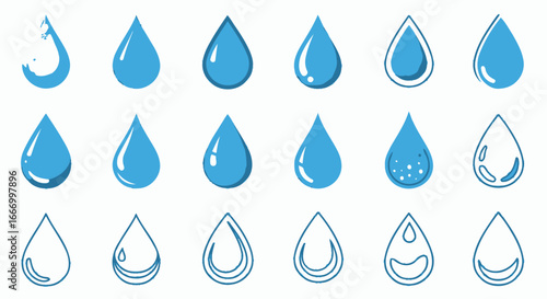 Collection of various stylized water droplet shapes, showcasing different forms and textures.