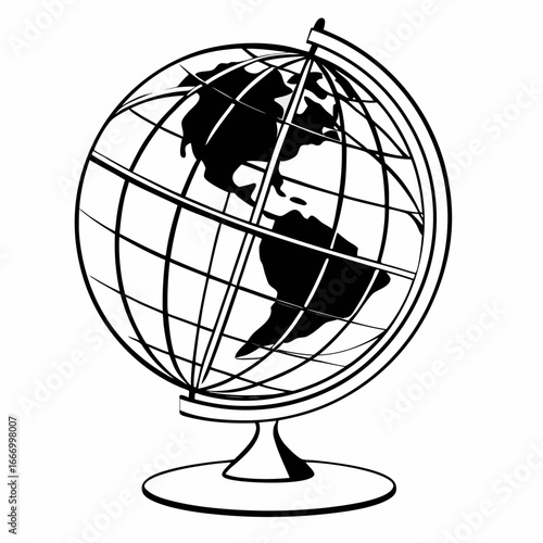 Vector art of black and white illustration of a globe on a stand, representing the earth and global concepts