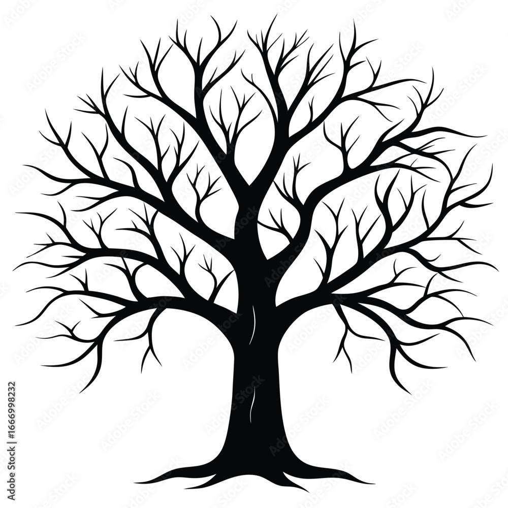 Obraz premium Solitary Tree Silhouette with Bare Branches, Stark Black Against a Bright Backdrop