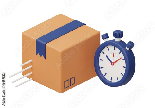 Speedy delivery concept package and stopwatch representing fast shipping and logistics solutions transparent background