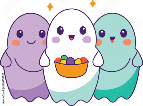 Vector art of three cute kawaii ghosts holding a basket of colorful candies, isolated on a, perfect for halloween celebrations and spooky themes