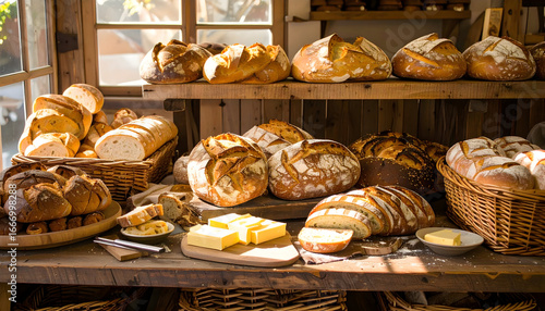 Rustic Bakery Display with Freshly Baked Artisan Bread, Butter, and Natural Light