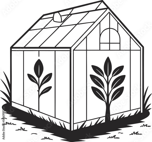 Vector illustration of a house with plants and windows, a black silhouette of a home with a roof and a tree in the drawing