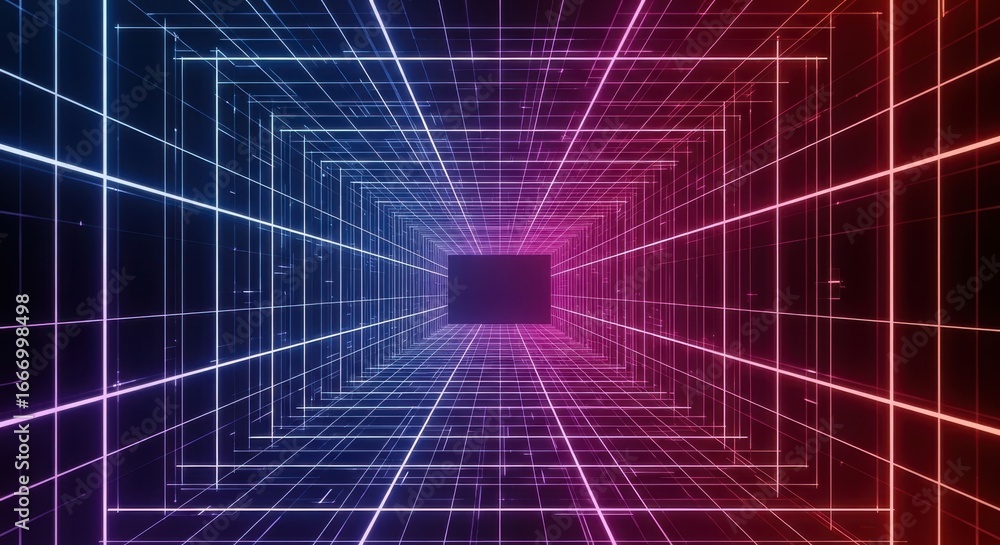 Obraz premium A futuristic digital tunnel with glowing neon grid lines in blue and red, representing data flow and technology
