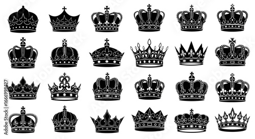 Collection of twenty-four distinct black crown silhouettes, regal symbols of monarchy.