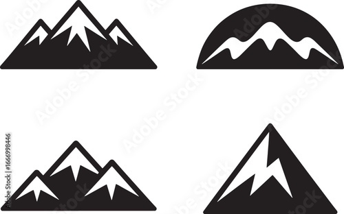 Four distinct black and white silhouette mountain range icons on a white background
