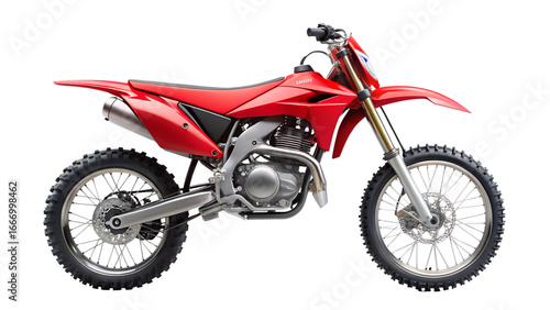 A vibrant red motocross bike isolated on transparent background, designed for offroad adventures and competitive racing with its powerful engine