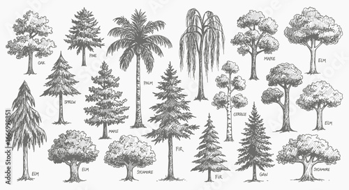 Collection of hand-drawn tree illustrations, various species depicted in grayscale.