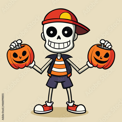 Friendly cartoon skeleton character illustration with colorful accents and typographic elements