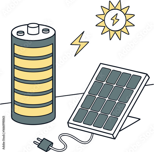 Renewable solar energy and photovoltaic technology provide clean, green power with this solar panel and battery illustration