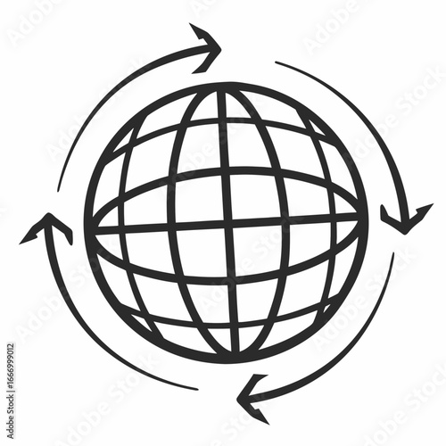Vector art of stylized black and white illustration of a globe with circular arrows indicating global movement and connectivity