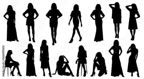 Elegant silhouettes of diverse women showcasing stylish fashion and confident poses