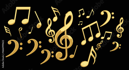 Sparkling golden musical notes and symbols dance elegantly against a dramatic black background