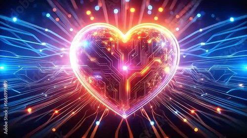 A vibrant, glowing heart made of circuits and technology, symbolizing digital love, artificial intelligence, and the future of connection