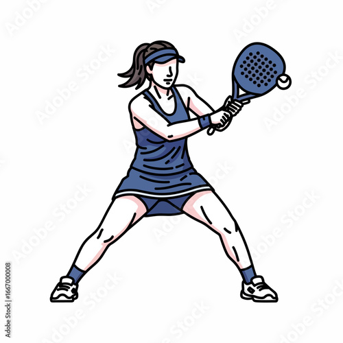 Dynamic female athlete ready to serve in padel tennis match, competitive sports action illustration, active lifestyle concept
